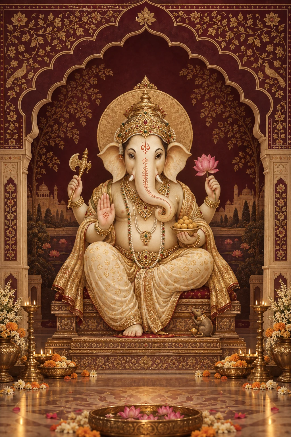 Lord Ganesh seated within an intricately adorned golden arch